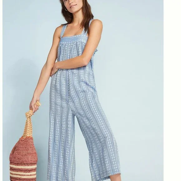 NWOT anthropologie dobby striped jumpsuit blue M - Picture 1 of 10